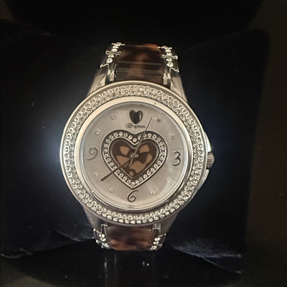♥️🆕Brighton Silver-Tone Crystal Heart Watch with Brown Tortoiseshell Band NWT